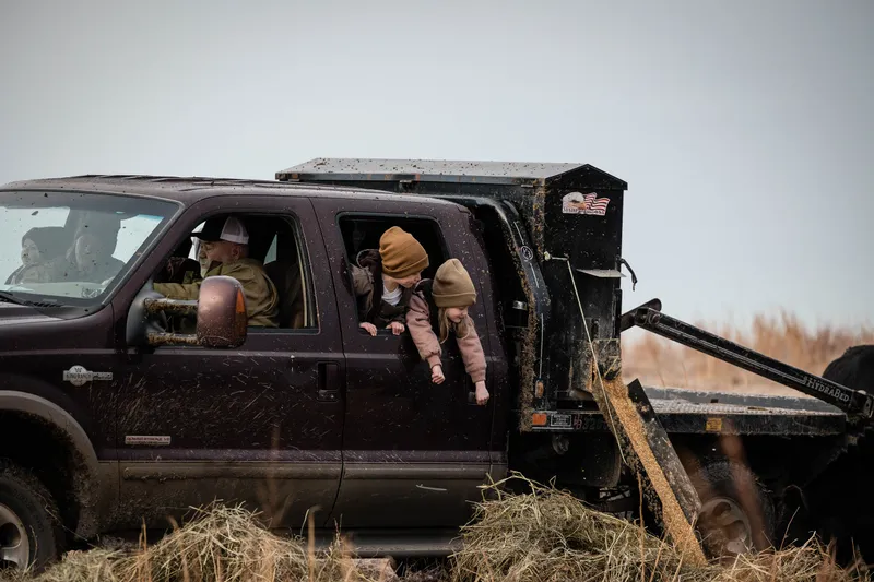 Grandfather and two children feeding cattle from a ranch flatbed truck